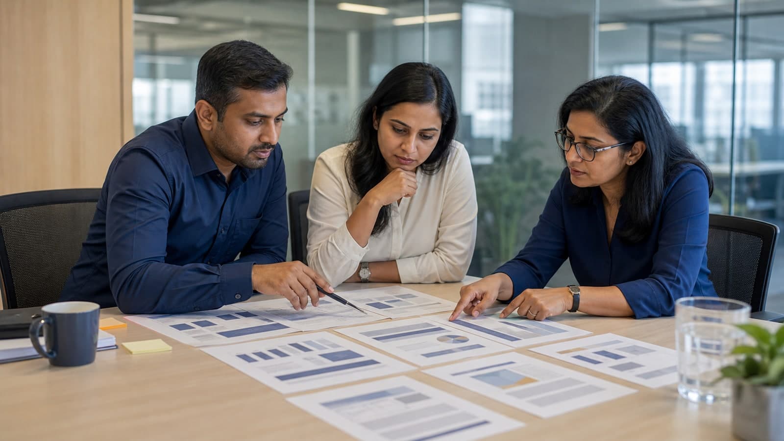 L&D and procurement colleagues comparing printed training proposals across a meeting table
