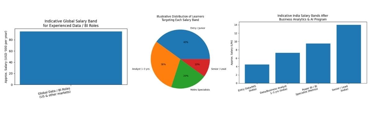 Combined chart showing salary trends after Business Analytics & AI training using a histogram, bar chart and pie chart